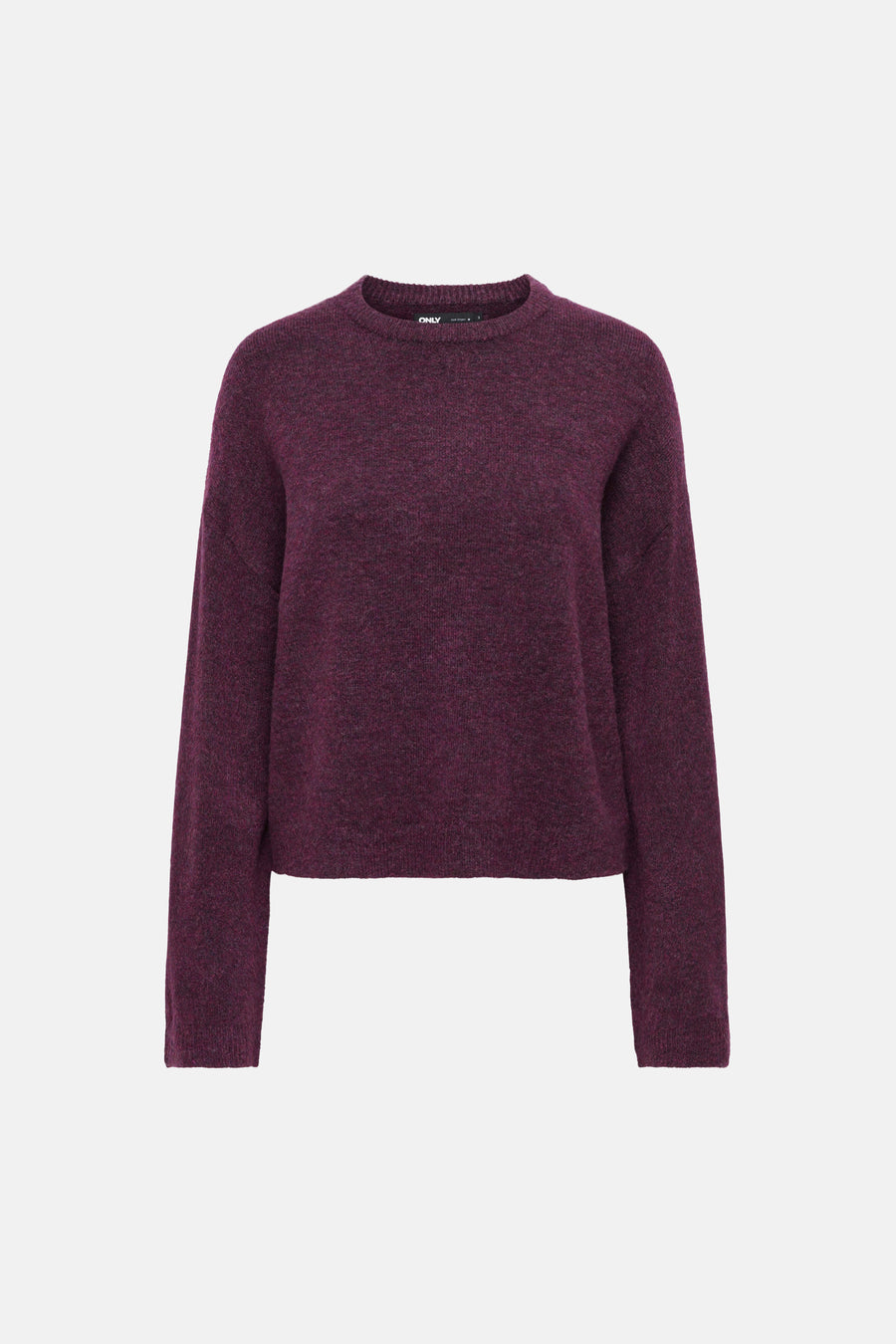 Mauve wine round-neck sweater by ONLY, featuring a soft marled knit texture and long sleeves, front view.
