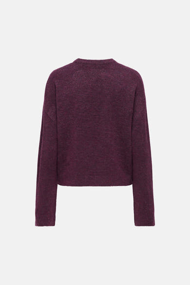 Mauve wine round-neck sweater with textured knit, back view, long sleeves, cropped fit