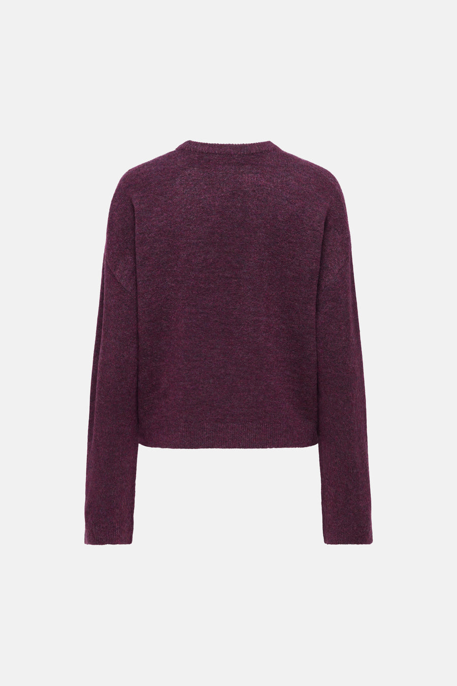 Mauve wine round-neck sweater with textured knit, back view, long sleeves, cropped fit