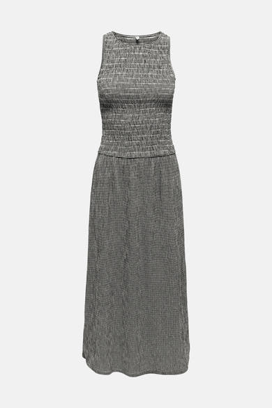 Zwarte geruite jurk van ONLY, met gecorsetteerd lijfje en lange pasvorm.