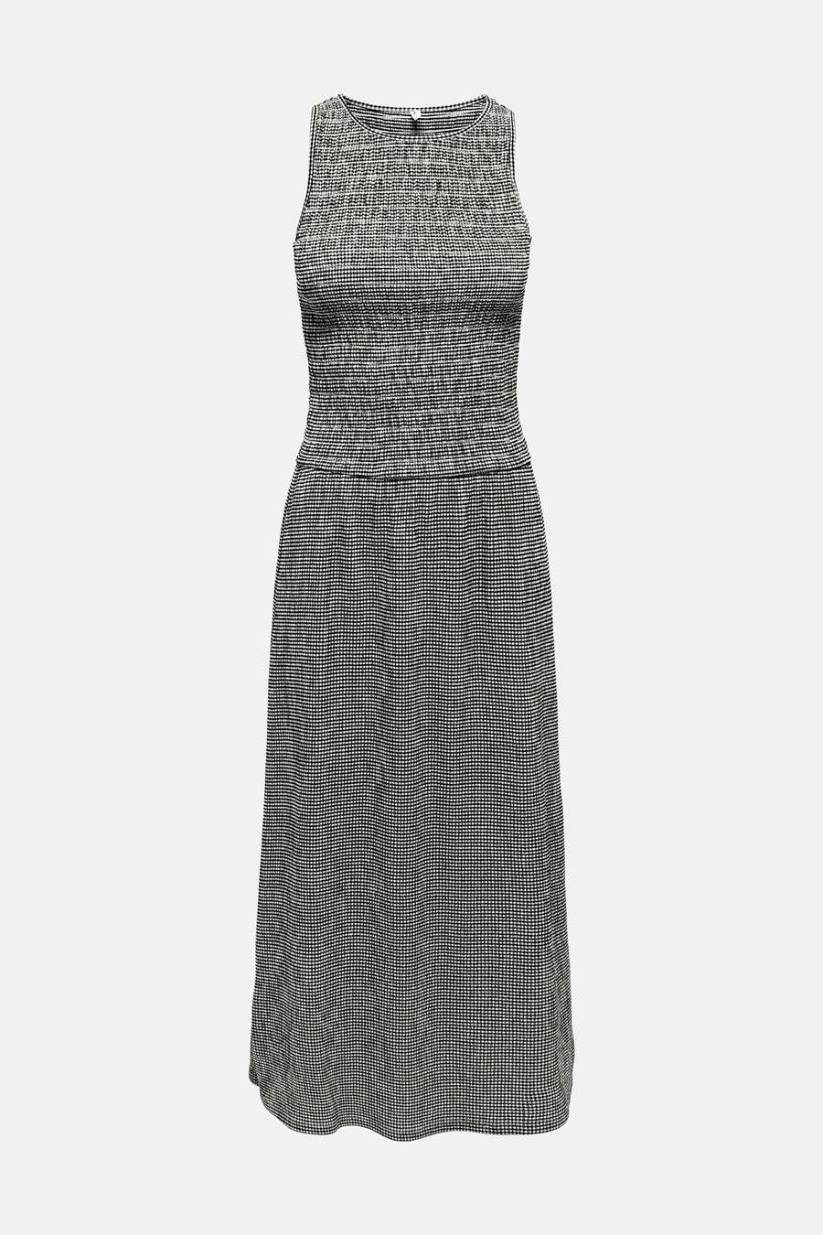 Zwarte geruite jurk van ONLY, met gecorsetteerd lijfje en lange pasvorm.
