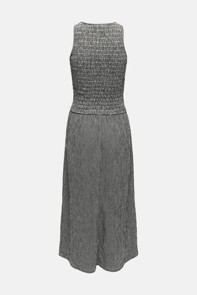 Zwarte jurk van ONLY®, all-over pied-de-poule patroon, midi-lengte en mouwloos.