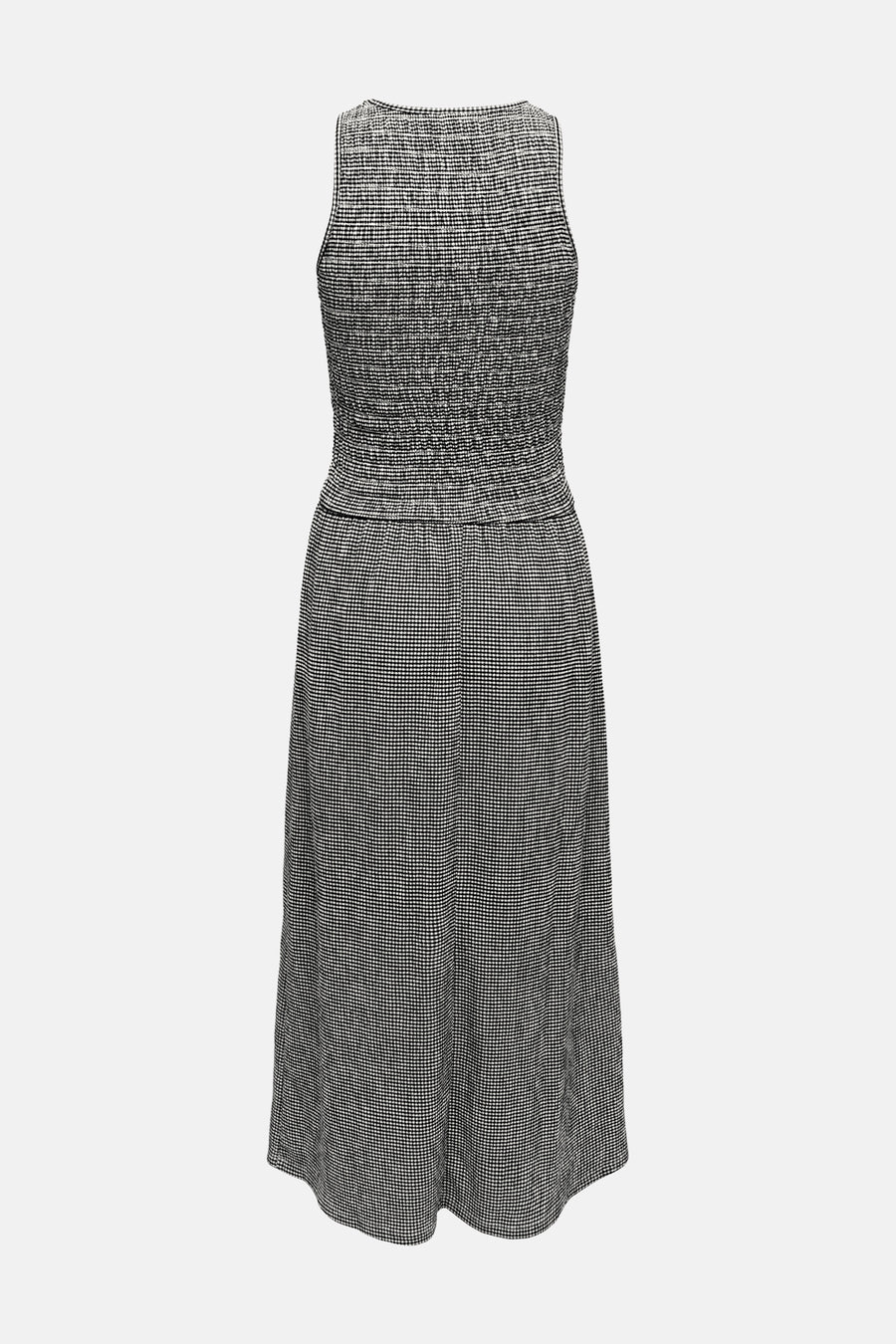 Zwarte jurk van ONLY®, all-over pied-de-poule patroon, midi-lengte en mouwloos.