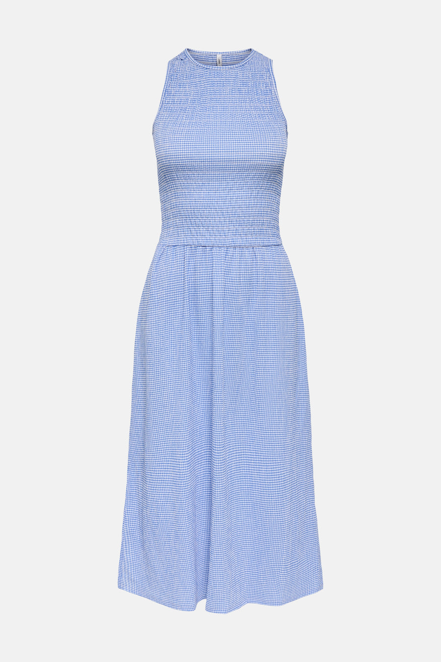 Robe bleue à carreaux par ONLY, avec une texture smockée à la poitrine et une coupe mi-longue.