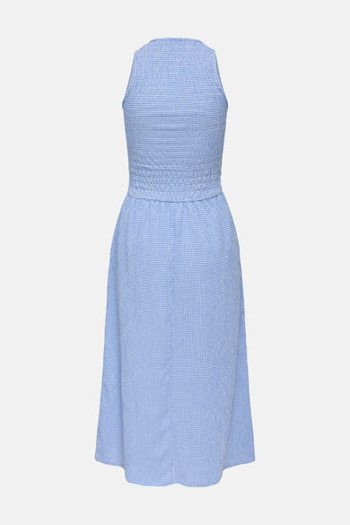 Robe bleue à carreaux de ONLY, avec un corsage smocké et une coupe mi-longue.