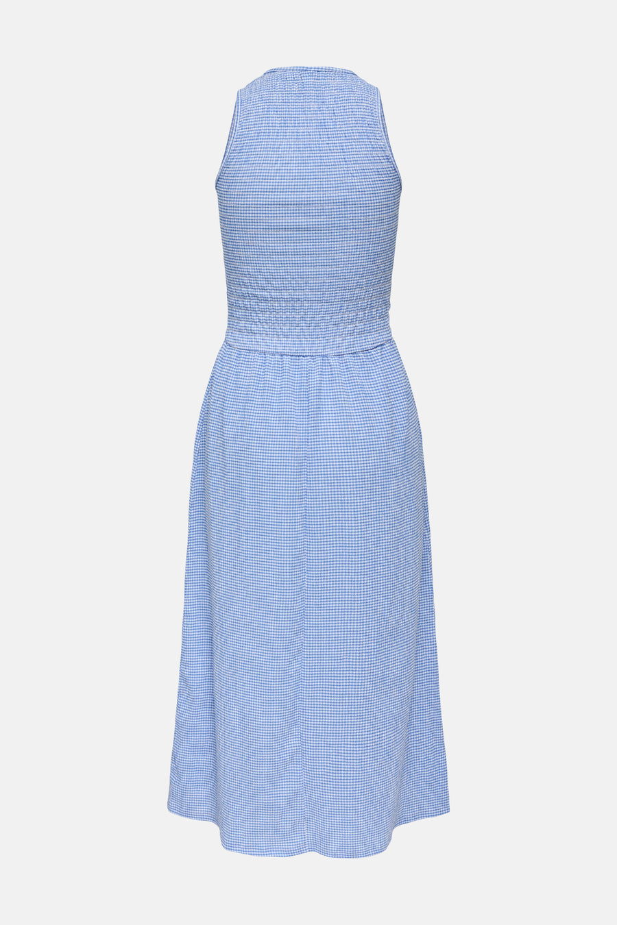 Robe bleue à carreaux de ONLY, avec un corsage smocké et une coupe mi-longue.