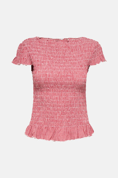T-shirt rouge à carreaux, de ONLY, avec smocks et ourlet volanté.