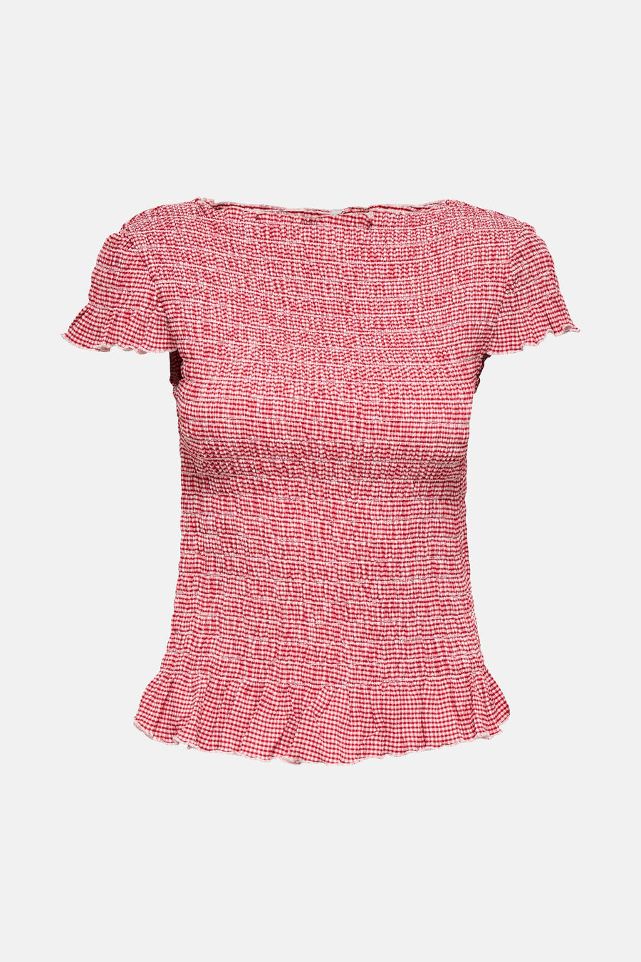T-shirt rouge à carreaux, de ONLY, avec smocks et ourlet volanté.