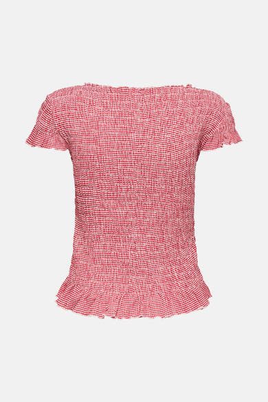 T-shirt rouge à carreaux de ONLY, avec manches courtes froncées et motif vichy.