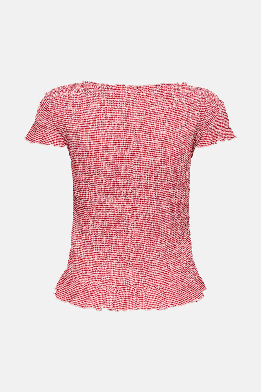 T-shirt rouge à carreaux de ONLY, avec manches courtes froncées et motif vichy.