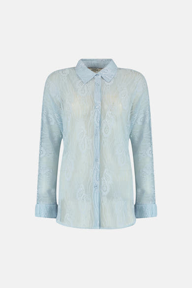Blauwe kanten blouse van ONLY, met delicate bloemenpatronen en lange mouwen.