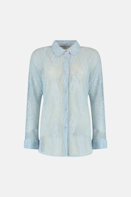 Blauwe kanten blouse van ONLY, met delicate bloemenpatronen en lange mouwen.