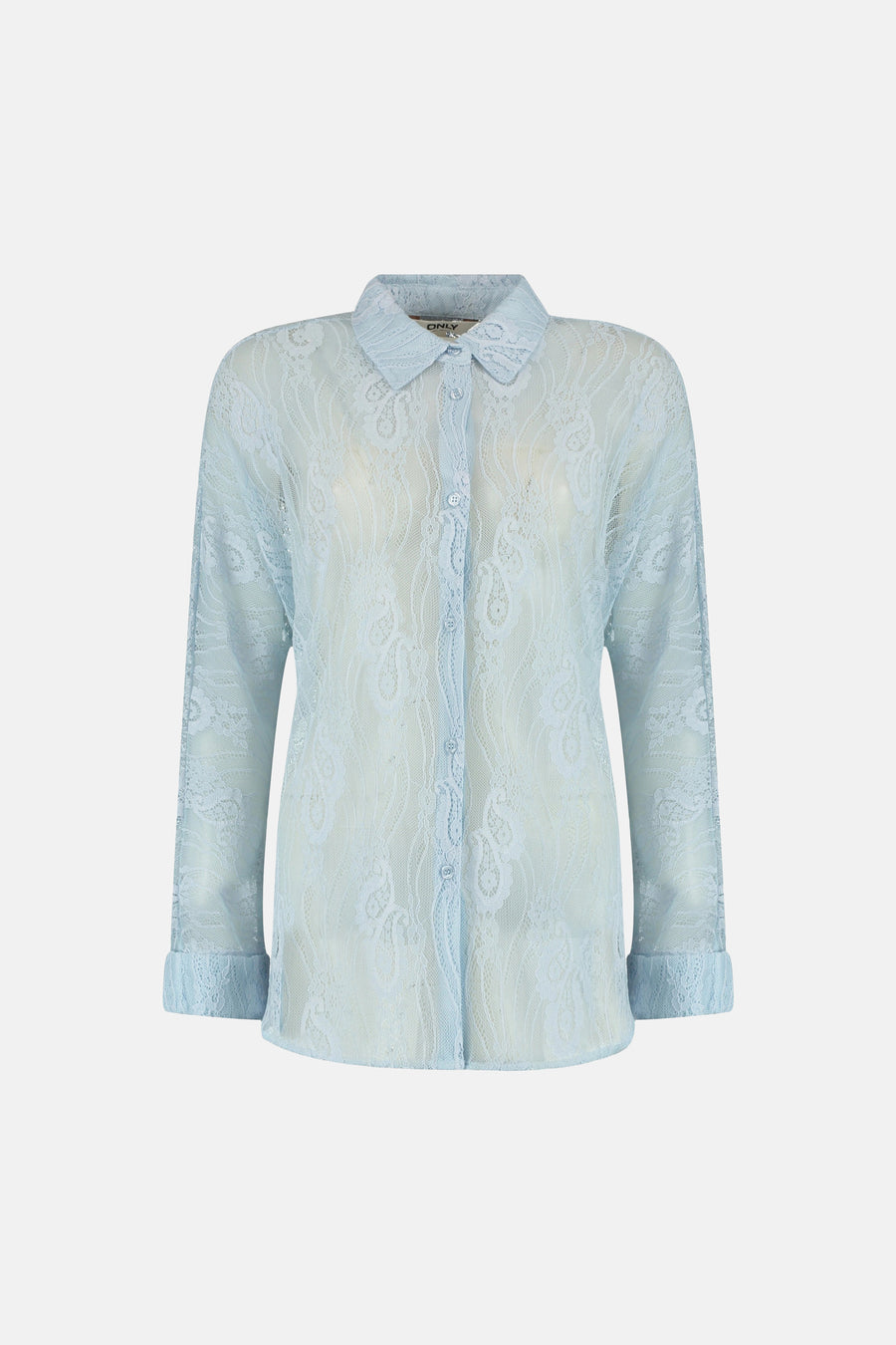 Blauwe kanten blouse van ONLY, met delicate bloemenpatronen en lange mouwen.