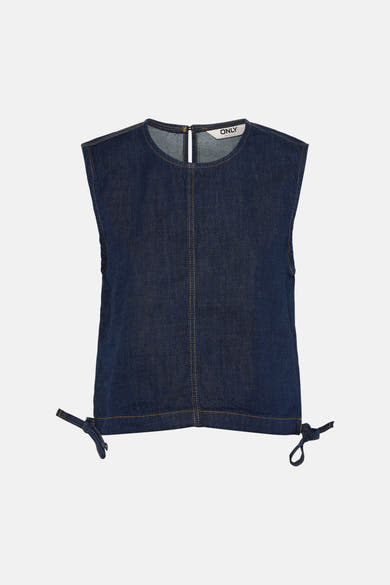 Mouwloos topje van donkerblauw denim van ONLY® met gele stiksels en strikkoorden aan de zijzomen.