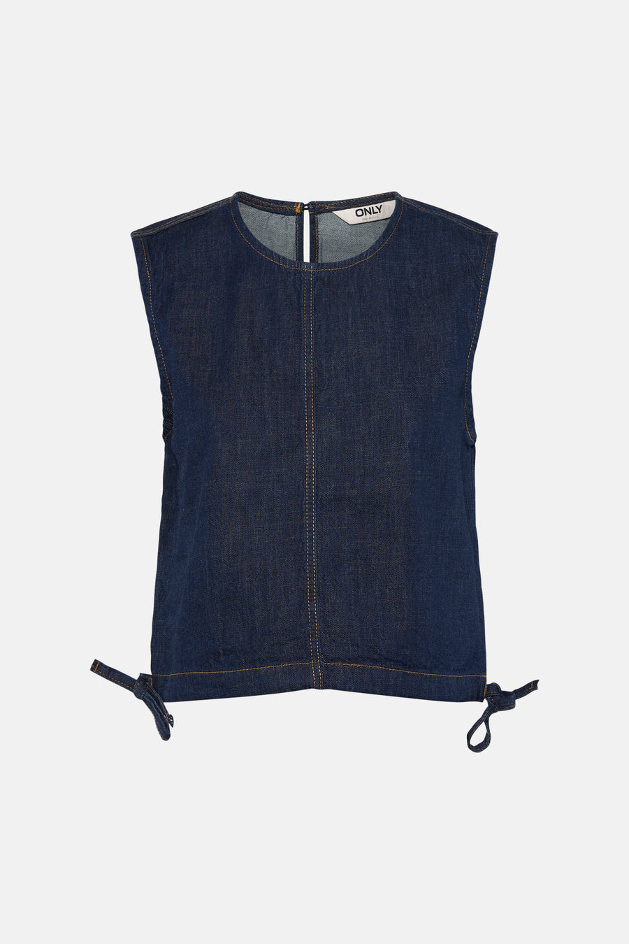 Mouwloos topje van donkerblauw denim van ONLY® met gele stiksels en strikkoorden aan de zijzomen.