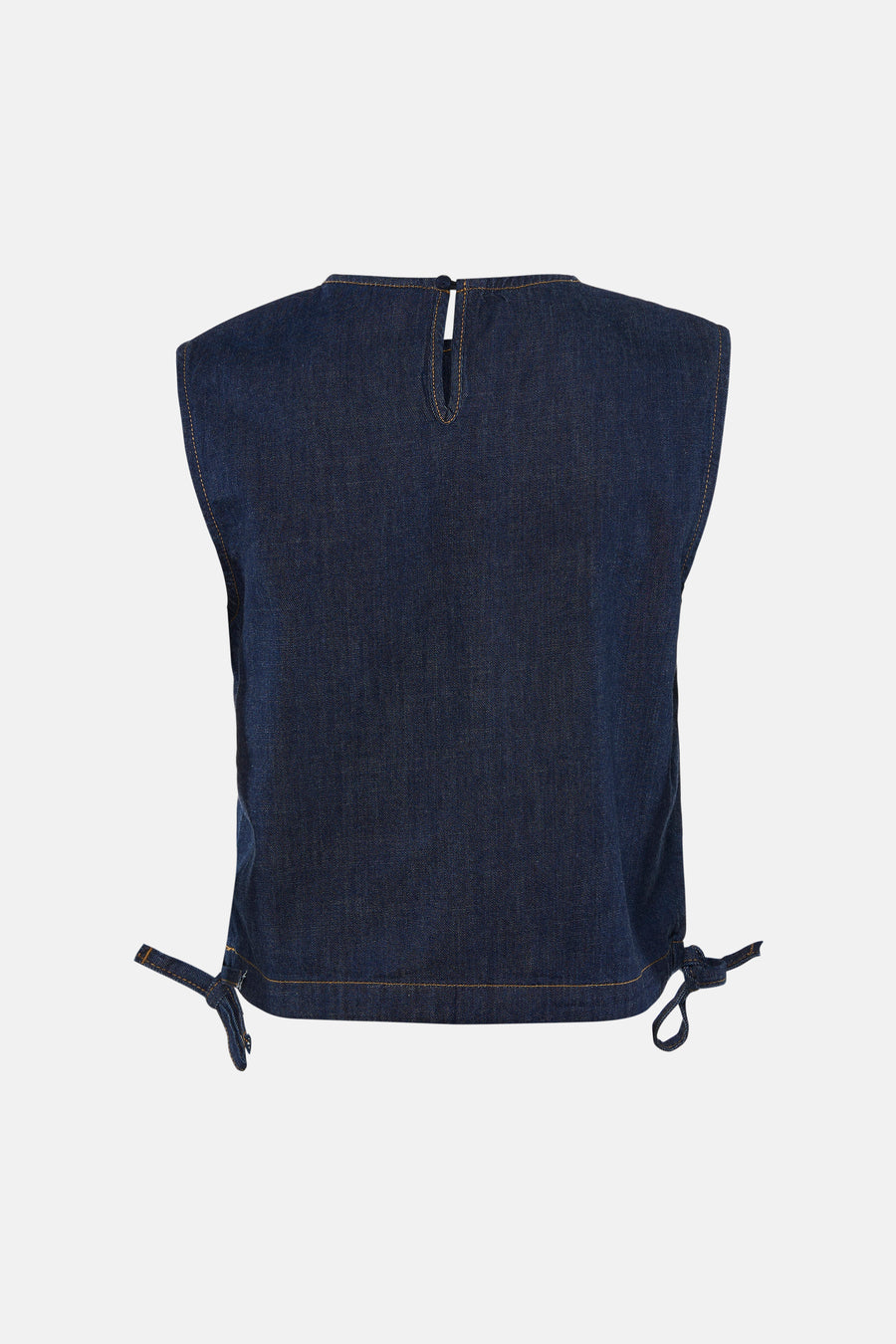 Top in donkerblauwe jeans van ONLY®, mouwloze rug met knoopsluiting en striklinten aan de zijkanten.