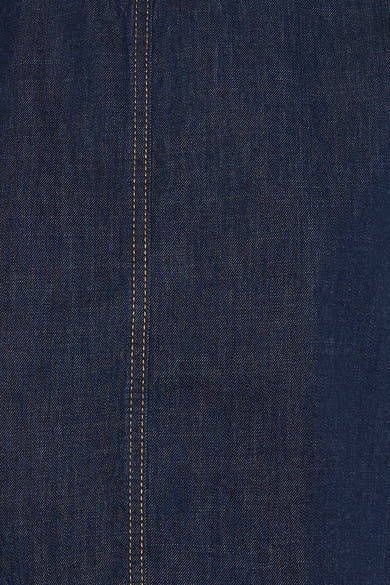 Top in donkerblauw denim van ONLY® met lichtbruine dubbele stiksels en diagonale keperbinding.