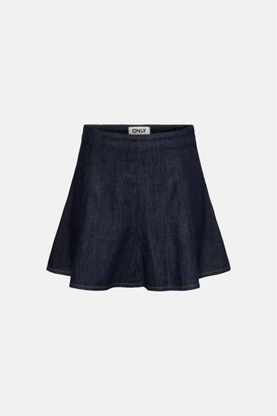 Korte, uitlopende rok van donkerblauw denim van ONLY® met zichtbare naden en bruine stiksels aan de zoom.