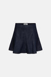 Korte, uitlopende rok van donkerblauw denim van ONLY® met zichtbare naden en bruine stiksels aan de zoom.