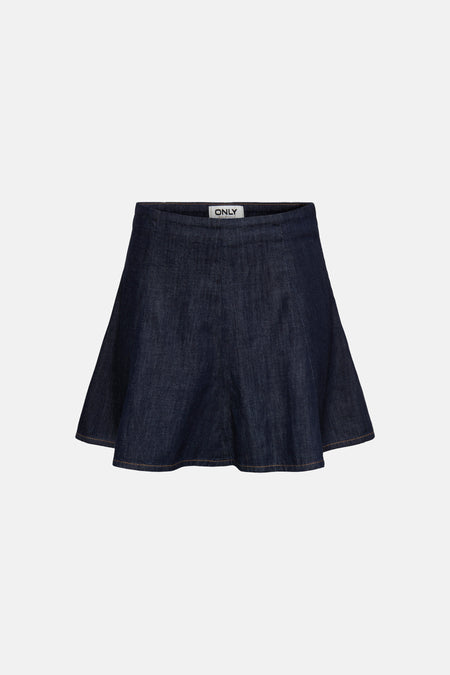 Korte, uitlopende rok van donkerblauw denim van ONLY® met zichtbare naden en bruine stiksels aan de zoom.