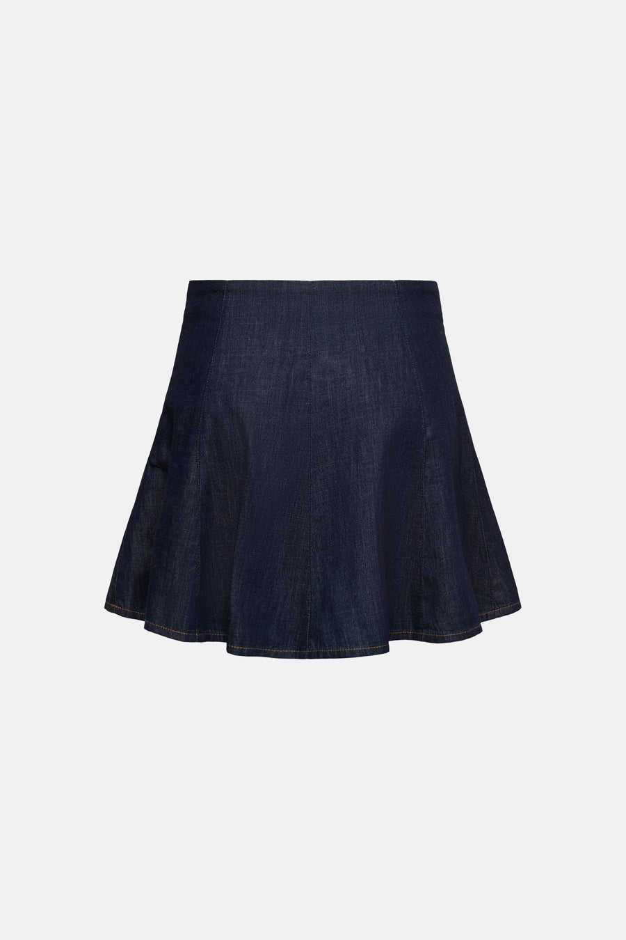 Jupe courte évasée en jean bleu foncé de ONLY® avec coutures visibles et surpiqûres marron à l'ourlet.