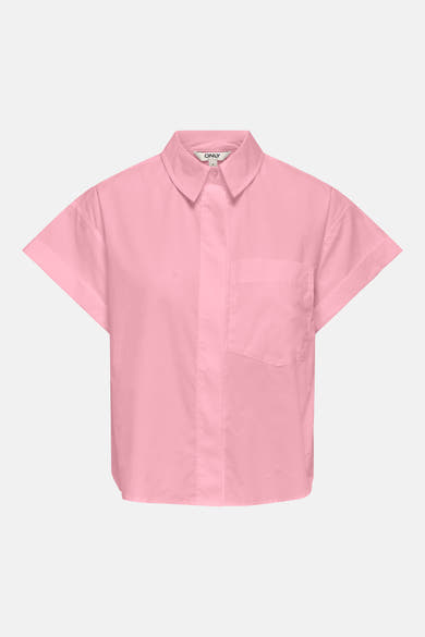 Roze blouse met korte mouwen van ONLY, van achteren gezien met kraag, pas en afgeronde zoom.