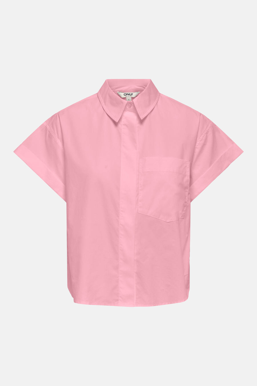 Roze blouse met korte mouwen van ONLY, van achteren gezien met kraag, pas en afgeronde zoom.
