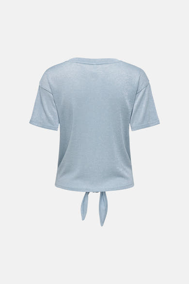 T-shirt bleu à manches courtes de ONLY, avec un nœud à la taille et un tissu légèrement scintillant.