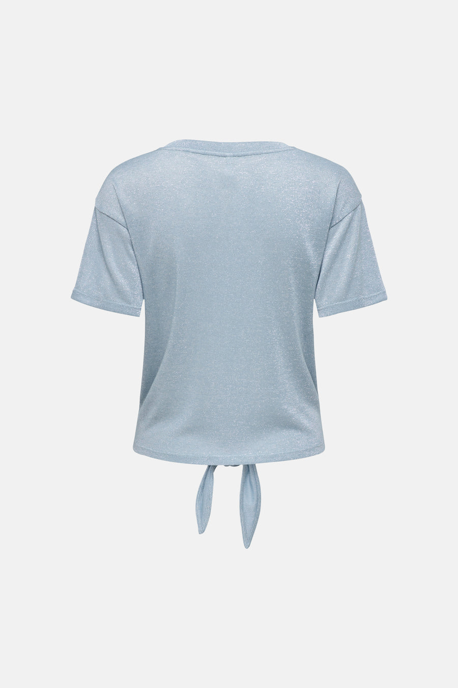 T-shirt bleu à manches courtes de ONLY, avec un nœud à la taille et un tissu légèrement scintillant.
