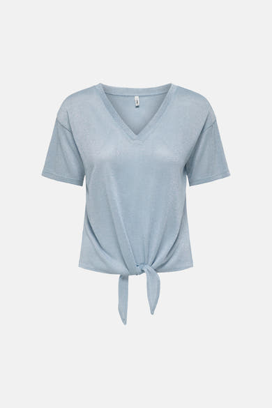 T-shirt bleu à manches courtes de ONLY, avec un nœud décoratif à l'avant et un col en V.