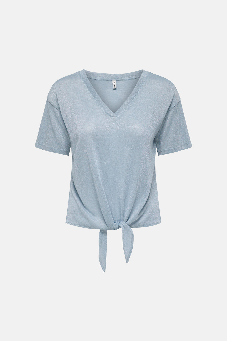 T-shirt bleu à manches courtes de ONLY, avec un nœud décoratif à l'avant et un col en V.