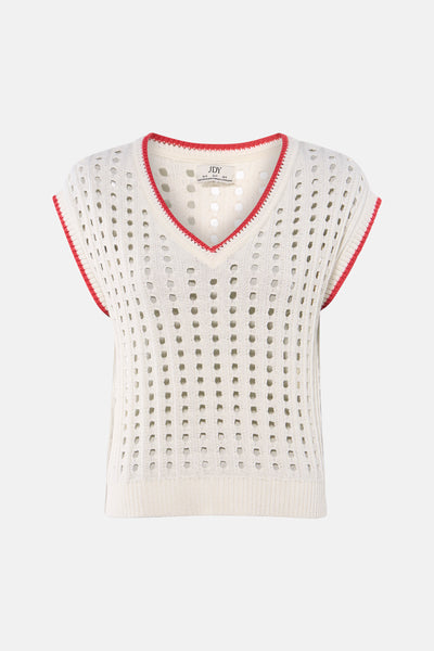 Cream open-knit sleeveless top with red trim by JDY, featuring V-neck and perforated texture, front view.