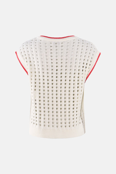 Cream open-knit sleeveless debardeur with red trim, back view, textured mesh pattern and ribbed hem.