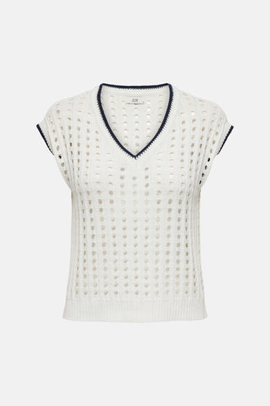 Wit mouwloos vest met perforaties van JDY met ronde hals en marineblauwe boorden, achtergezicht.