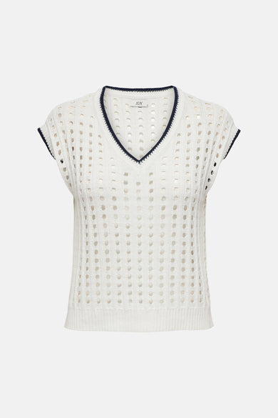 Débardeur blanc en maille ajourée de JDY avec col en V et bordures bleu marine.