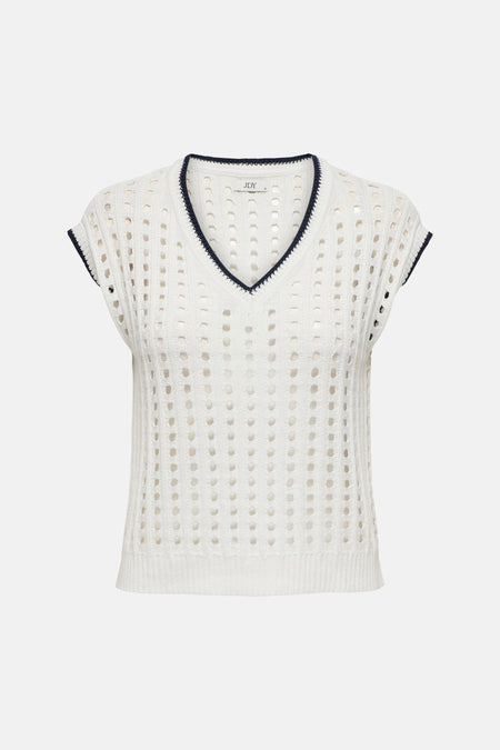 Débardeur blanc en maille ajourée de JDY avec col en V et bordures bleu marine.