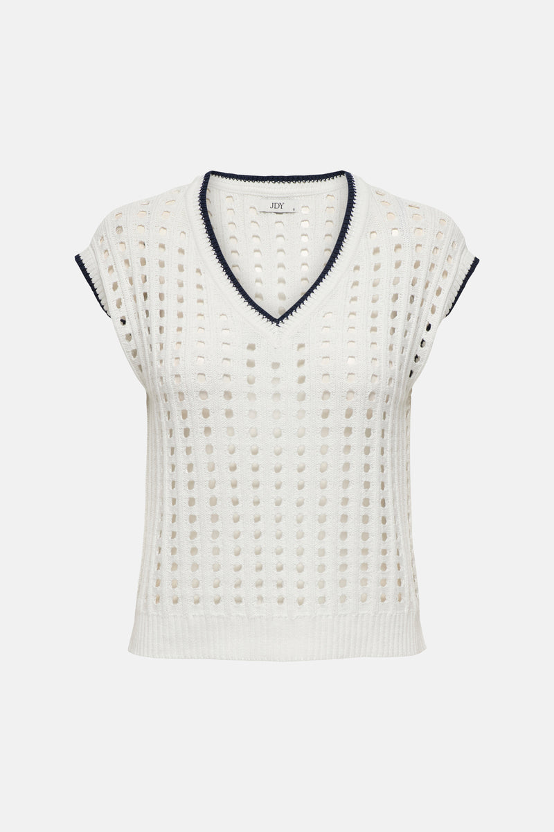 Débardeur blanc en maille ajourée de JDY avec col en V et bordures bleu marine.