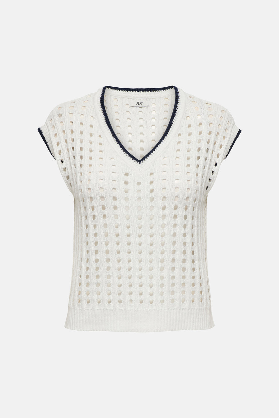 Wit mouwloos vest met perforaties van JDY met ronde hals en marineblauwe boorden, achtergezicht.