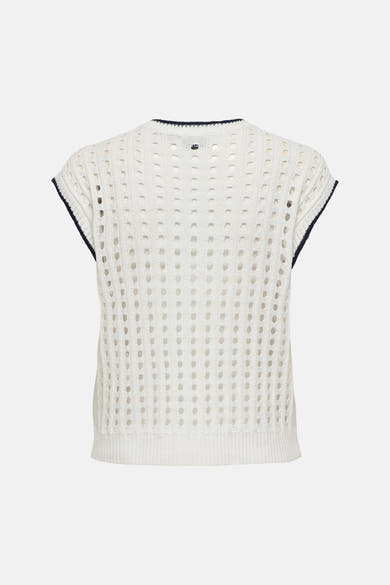 Gilet sans manches blanc perforé de JDY à encolure ronde et bordures bleu marine, vue de dos.