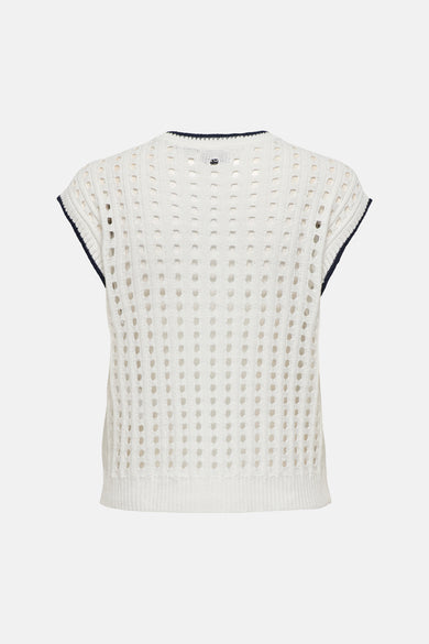 Gilet sans manches blanc perforé de JDY à encolure ronde et bordures bleu marine, vue de dos.