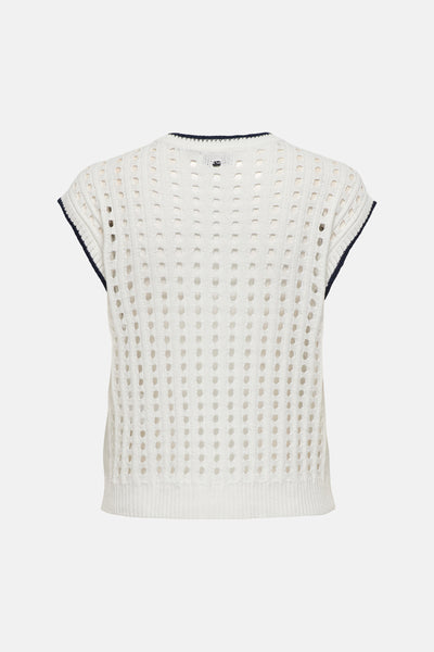 Gilet sans manches blanc perforé de JDY à encolure ronde et bordures bleu marine, vue de dos.