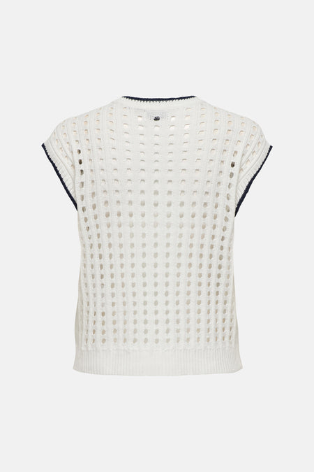 Gilet sans manches blanc perforé de JDY à encolure ronde et bordures bleu marine, vue de dos.