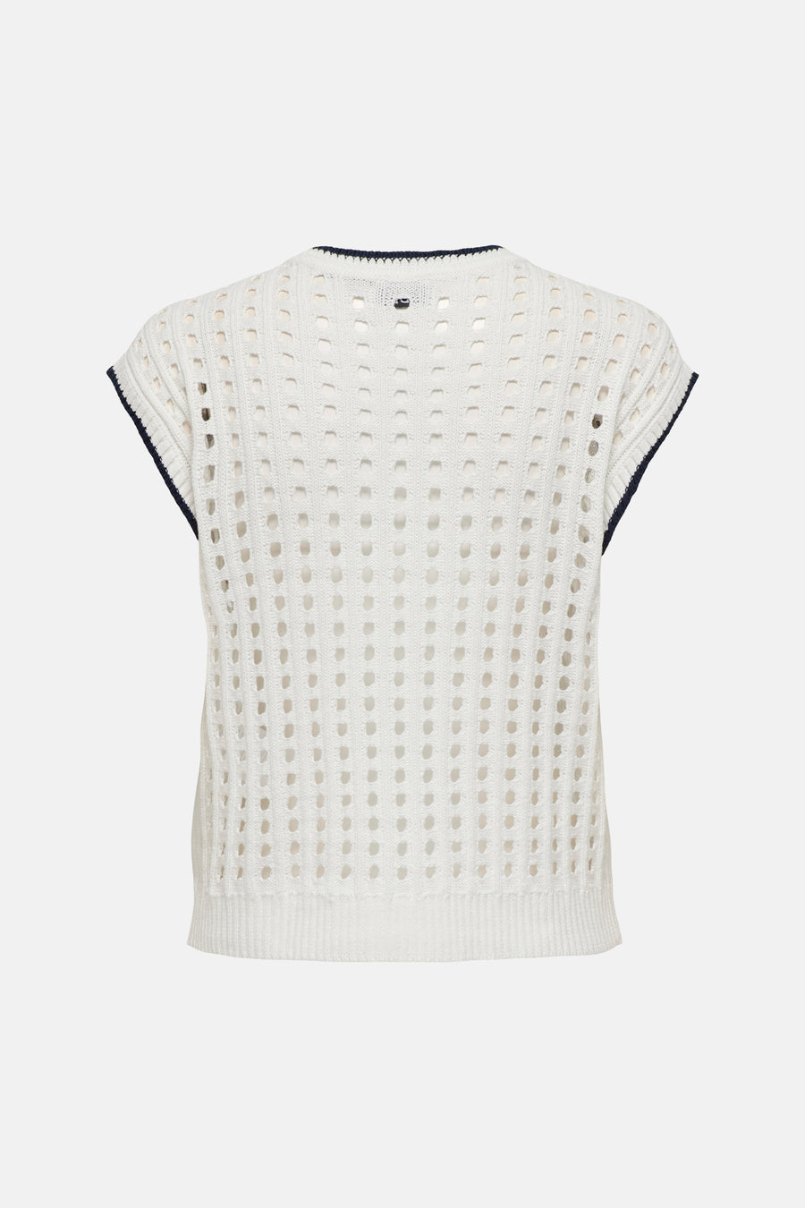 Gilet sans manches blanc perforé de JDY à encolure ronde et bordures bleu marine, vue de dos.
