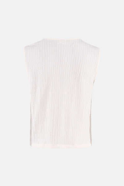White sleeveless top with textured crinkle fabric, back view, minimalist design