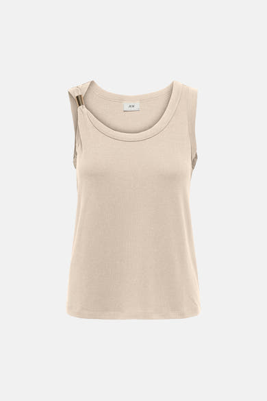 Beige mouwloze top van JDY met een decoratieve gouden ring op de schouder en een ronde hals.