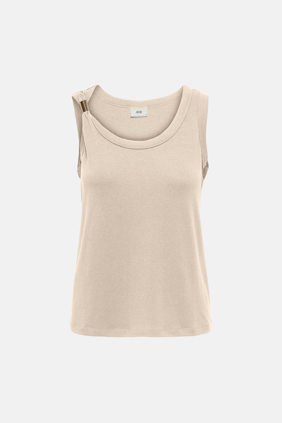 Beige mouwloze top van JDY met een decoratieve gouden ring op de schouder en een ronde hals.