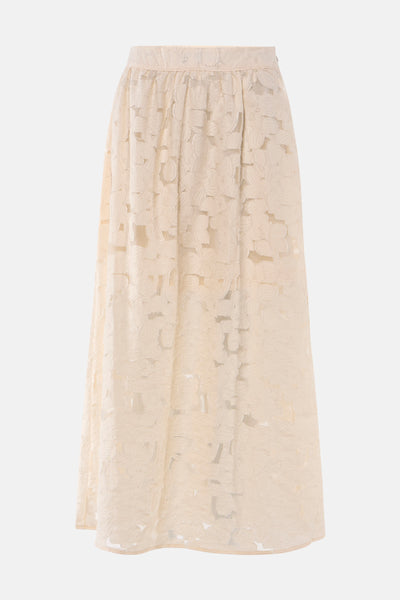 Beige long lace skirt with floral cutout pattern, front view, flowing silhouette