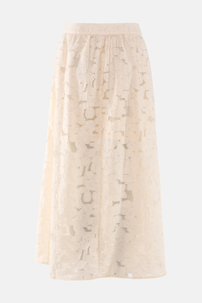 Beige long skirt with floral lace pattern and elastic waistband, front view
