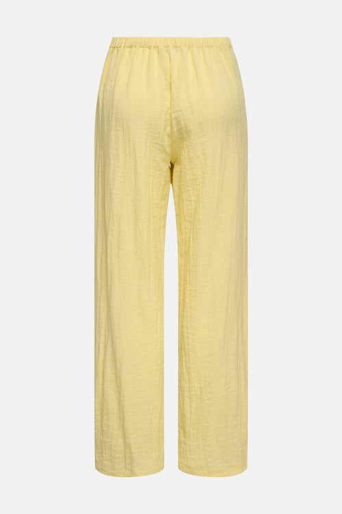 Wijd geel kostuumbroek van ONLY® met elastische tailleband en crêpe-textuur, achterzijde.