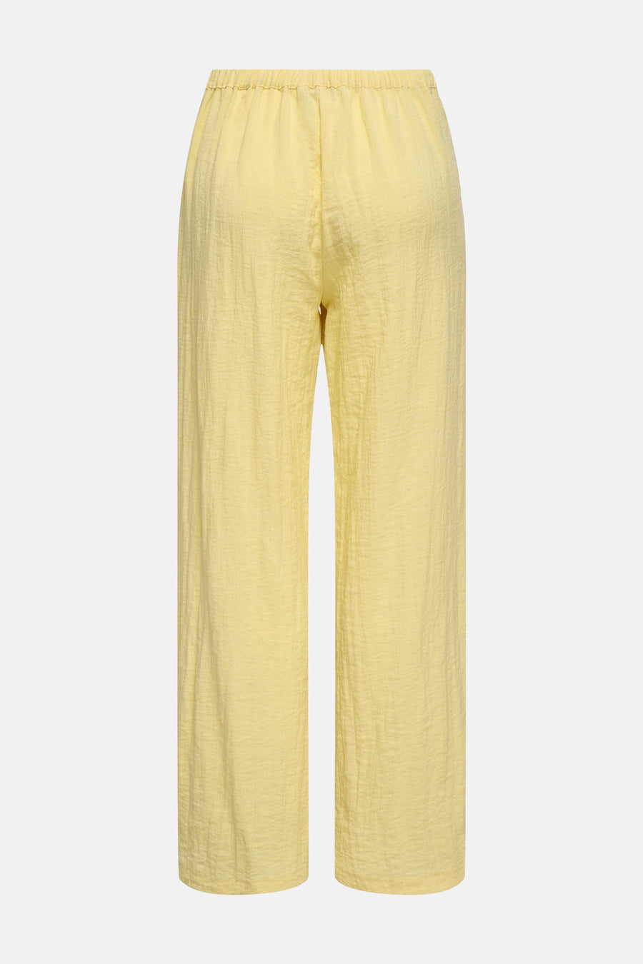 Wijd geel kostuumbroek van ONLY® met elastische tailleband en crêpe-textuur, achterzijde.